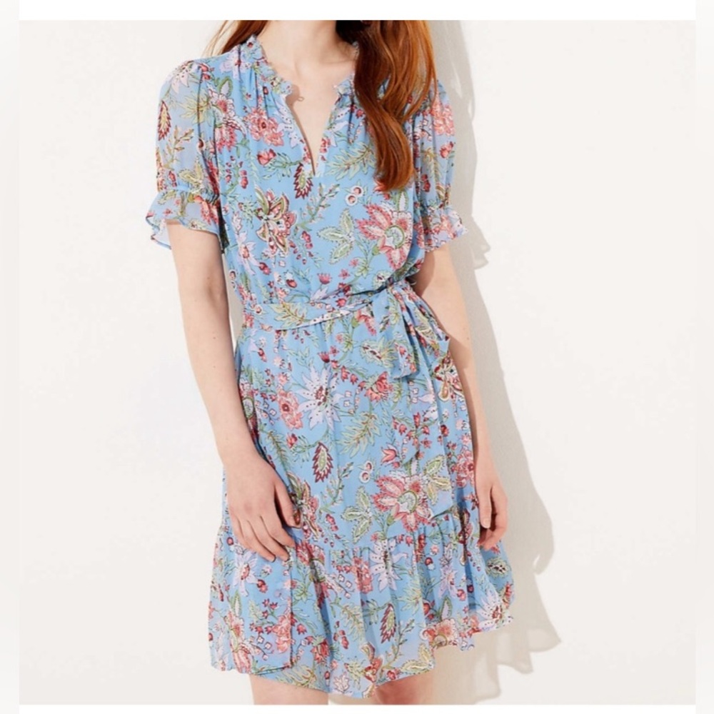 LOFT SHORT RUFFLE SLEEVE ELASTIC WAIST LIGHT BLUE FLORAL LINED DRESS SIZE XS